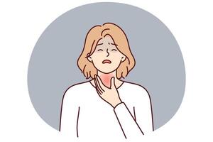 Woman is experiencing thyroid pain associated with hypothyroidism puts hand on red neck vector