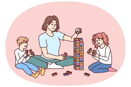 mujer niñera con niños obras de teatro constructor edificio torre de niños bloques en jardín de infancia vector