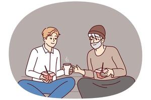 Successful man is having lunch with homeless person treating needy person with food vector