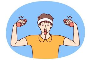 Funny fitness trainer with dumbbells uses whistle to cheer up trainees from gym or sports club vector