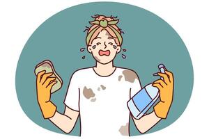 Woman housewife in dirty clothes is crying because of large amount housework and lack of rest vector