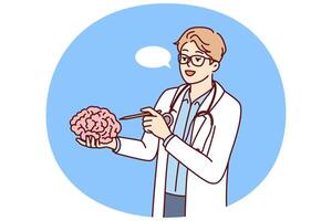 Doctor holds brain in hand explaining work of neurons to students of medical university vector