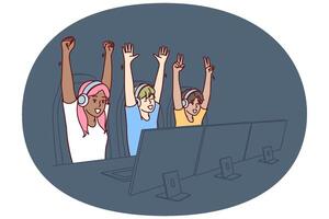 Team of teenagers esports or gamers have won multiplayer game and are raising hands in triumph vector