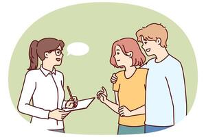 Couple takes social survey answering interviewer questions and evaluating quality of services vector