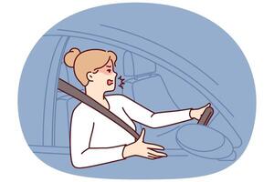 Woman driver got into traffic jam on road and swears feeling furious due to being late for work vector