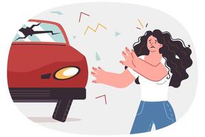 Woman got into car accident due to violation of traffic rules, stands near broken automobile vector