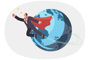 Super businessman in hero cape flies around planet, saving companies from bankruptcy vector