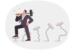 Business man gains professional skills through perseverance, holding sledgehammer standing on nails vector
