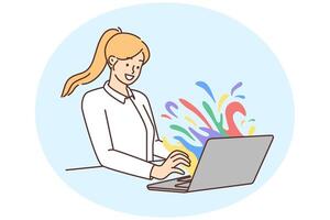 Smiling woman work on laptop with colorful stains on screen vector