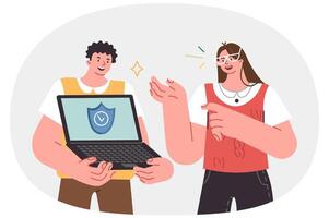 Antivirus software in laptop of man and girl, rejoicing at appearance of protection against virus vector