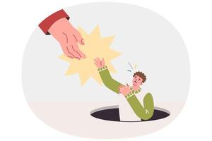 Helping hand for man who is in trouble and falls into manhole due to inattention or fatigue vector