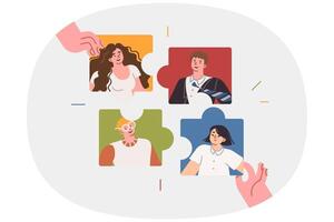 Building family team from puzzles with portraits of children and parents, for intellectual quiz vector