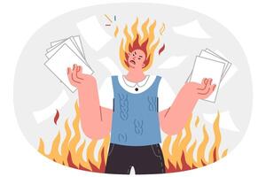 Angry man, nervous about bureaucracy and overabundance of paperwork, stands among flames vector