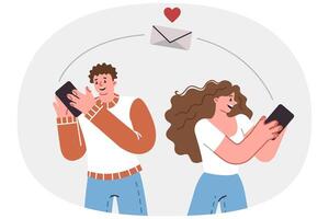 Online dating through mobile application on phones of man and woman chatting and flirting via sms vector