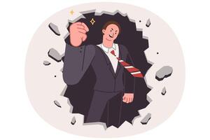 Business man breaks down barrier to success by hitting stone wall to break deadlock vector