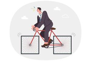 Strange business man on bicycle with square wheels, standing still due to incorrectly equipment vector