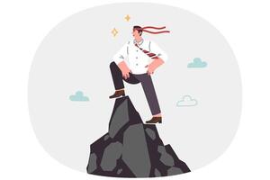 Successful man leader stands on top of cliff with bandage on head and looks confidently into future vector