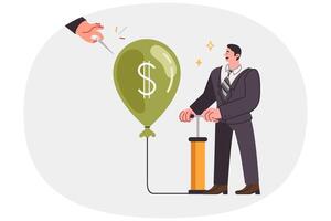 Financial bubble inflated by male investor in business clothes risks exploding due to needle vector