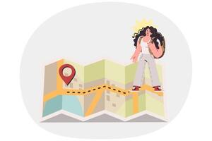 Woman stands on large paper map with route line, traveling with backpack on back vector