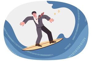 Business man is surfing internet, standing on surfboard gliding along waves of binary code vector