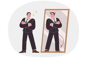 Business man seeing devil in reflection in mirror, for concept duplicity and hypocritical behavior vector