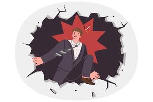 Business man escapes bad job through hole in wall, wishing for better opportunities for development vector