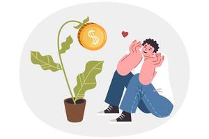 Happy guy watches potted money tree grow as metaphor for passive investment income vector