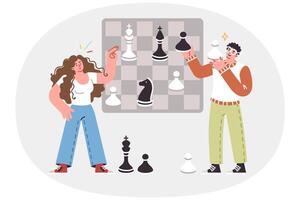 Chess game between man and woman symbolizes team strategic planning of business processes vector
