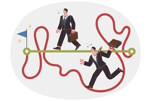 Business people achieve goal using different strategies, taking shortcuts or complicated paths vector