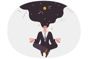 Meditating business man doing yoga thinking about space and trying to get signal from universe vector