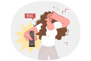 Woman gets scared by TV news and closes eyes, using remote control to switch to another channel vector