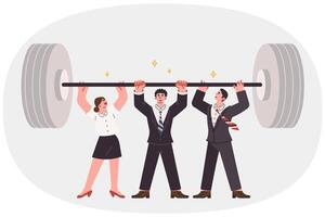 Team of business people lift barbell together, demonstrating unity and synergy in achieving goal vector