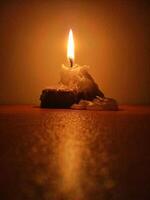 a single candle is lit on a table photo