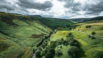 Aerial drone view of the hills and fields of Yorkshire, UK photo