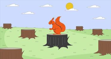 Deforestation environmental issues flat illustration. Squirrel lost habitat 2D character cartoon background. Endangered rodent. Illegal logging. Forest destruction scene storytelling image vector