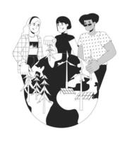 Building renewable planet black and white 2D illustration concept. Planting trees forest. Wind farm solar panels. Diverse environmentalists outline characters isolated. Metaphor monochrome art vector