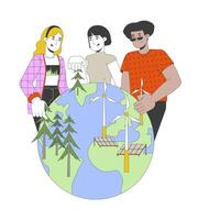 Building renewable planet 2D illustration concept. Planting trees forest. Wind farm solar panels. Diverse environmentalists cartoon characters isolated on white. Metaphor abstract flat graphic vector