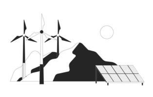 Renewable energy technologies linear illustration. Windfarm windenergy. Solar panel voltaic. Alternative power generation 2D line scene isolated on white. Monochrome outline image vector