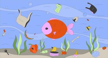 Underwater trash with fish floating flat illustration. Marine debris with sad seafish 2D character cartoon background. Environmental aquatic rubbish endangered undersea scene storytelling image vector
