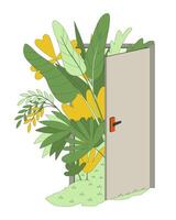 Future of environmental sustainability cartoon flat illustration. Go green into open doorway garden. Door entrance lush tropical leaves 2D scene isolated on white background. colorful image vector