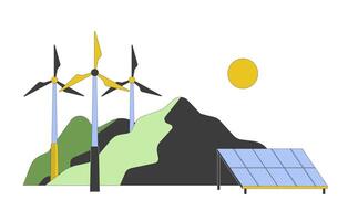 Renewable energy technologies cartoon flat illustration. Windfarm windenergy. Solar panel voltaic. Alternative power generation 2D scene isolated on white background. colorful image vector