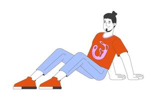 Sitting on floor man leaning back on hands 2D cartoon character. Bearded guy in tshirt jeans. Caucasian male in relaxed pose isolated person flat on white background. Spot illustration colorful vector