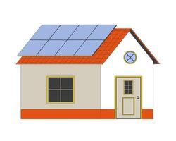 Home with solar panels 2D cartoon object. Rooftop installation voltaic house. Solar energy residential structure isolated element flat clipart on white background. Spot illustration vector