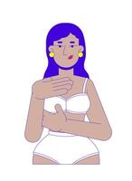 Indian woman in brassier examining breast 2D cartoon character. Mastopathy early detection. South asian female touching chest isolated person flat on white. Spot illustration colorful vector