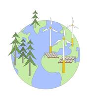 Renewable power generation on planet earth 2D cartoon object. Global electricity production with green energy sources isolated element flat clipart on white background. Spot illustration vector