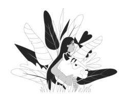 Save animals facing extinction black and white 2D illustration concept. Protecting endangered species. Rainforest wildlife. Tiger guardian outline character isolated. Metaphor monochrome art vector