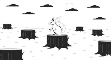 Deforestation environmental issues black and white line illustration. Squirrel lost habitat 2D character monochrome background. Endangered rodent. Illegal logging. Forest destruction outline vector