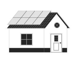 Home with solar panels black and white 2D line object. Rooftop installation voltaic house. Solar energy residential isolated clip art outline item. Monochromatic spot illustration vector