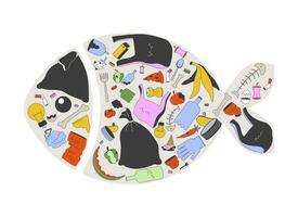 Marine life ocean pollution 2D illustration concept. Sea plastic organic waste. Debris trash seafish. Garbage in fish shape cartoon composition isolated on white. Metaphor abstract flat graphic vector
