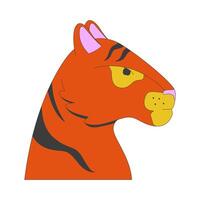 Proud tiger head 2D cartoon character. Mammal predator. Carnivore feline striped. Jungle beast. Wildcat wild muzzle isolated animal flat on white background. Spot illustration colorful vector